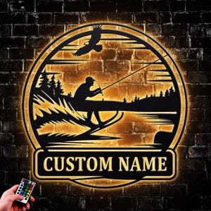 Personalized Water Skiing Led Lights Metal Wall Art, Water Ski Name Decoration Hanging for Home, Skiing Wall Art