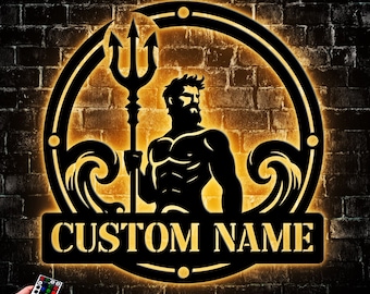 Custom Poseidon Trident Metal Wall Art Led Light, Personalized Greek Mythology Name Sign Home Decor, Poseidon Neptune Astrological Symbol