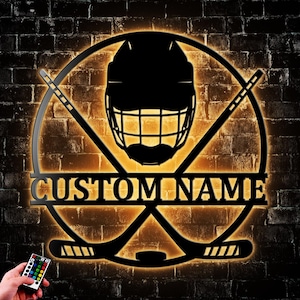 Personalized Ice Hockey Metal Wall Art With Led Lights, Player Stick Name Metal Wall Decor Kid Boy Girl Lover Nursery Decoration Sports Gift