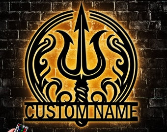 Custom Poseidon Trident Metal Wall Art Led Light, Personalized Greek Mythology Name Sign Home Decor, Poseidon Neptune Astrological Symbol-1