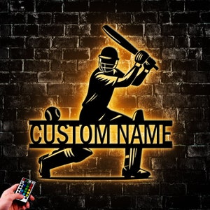 Custom Cricket Metal Wall Art Led Light, Personalized Cricket Player Name Sign Home Decor, Gift For Kid, Game Room Decor, Wall Hanger Art