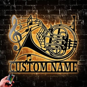 Personalized French horn Metal Wall Art Led Light French horn Player Name Sign Decoration Music Instrument Decor Housewarming Gift