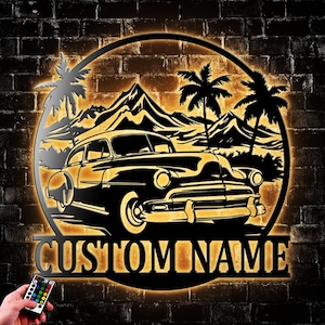 Personalized Classic Car Antique V1 Metal Wall Art With Led Light Vintage Car Name Metal Wall Decoration Birthday Xmas Gift