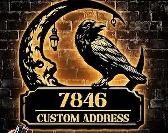 Custom Raven On the Moon Metal House Number LED Light, Personalized Address Sign For Outside Plaque, Gift Front Porch Decor Artwork
