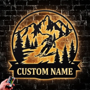 Personalized Snow Skiing Winter Sport Metal Wall Art LED Light Alpine Downhill Skier Name Sign Home Decor Snow Ski Decoration