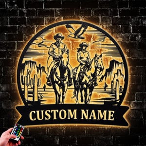 Personalized Cowboy Cowgirl Couple Metal Wall Art LED Light Family Name Sign Home Decor Horse Farmhouse Barn Nursery Decor Gift For Couple