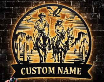 Personalized Cowboy Cowgirl Couple Metal Wall Art LED Light Family Name Sign Home Decor Horse Farmhouse Barn Nursery Decor Gift For Couple