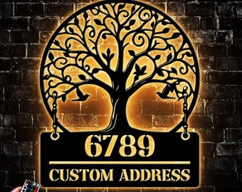Custom Tree Of Life Metal House Number LED Light, Personalized Address Sign For Outside Plaque, House Housewarming Gift Front Porch Decor