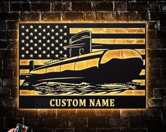 Personalized US Submarine Metal Wall Art With Led Light U-Boat Navy Wall Decor Patriotic Navy Military Keepsake American Battleship Hanging