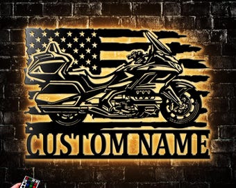 Personalized US Touring Bike Metal Wall Art With Led Light, Biker Name Sign Decoration For Living Room, Motocross Outdoor Home Décor