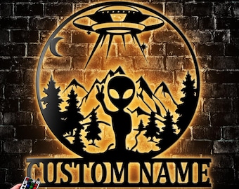 Personalized Alien Under The Moon Metal Wall Decor With Led Light, Alien Metal Sign Decoration For Living Room, Alien Abduction UFO Gift