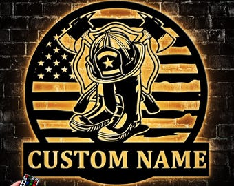Custom US Firefighter Wall Art With LED Lights, Personalized Fireman Name Sign Decoration For Home, Fire fighter Home Decor Firefighter Gift