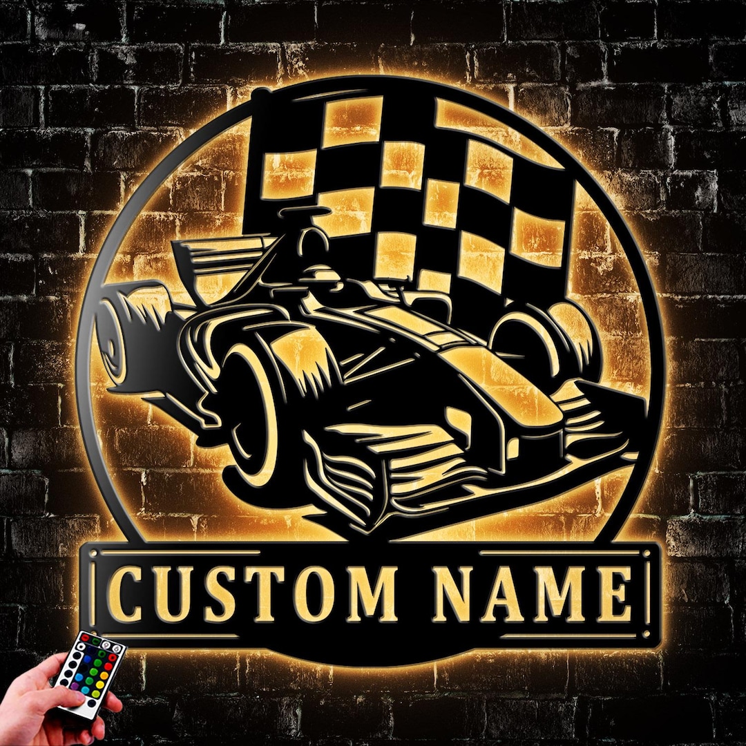 Personalized Racing Flag Sprint Car Metal Wall Art LED Lights Racer ...