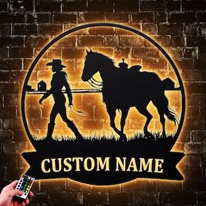 Personalized Cowgirl Walking With Horse Metal Sign With Led Light, Country Girl Metal Wall Art, Cowgirl Metal Sign, Horse Lover Gift