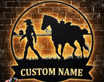 Personalized Cowgirl Walking With Horse Metal Sign With Led Light, Country Girl Metal Wall Art, Cowgirl Metal Sign, Horse Lover Gift