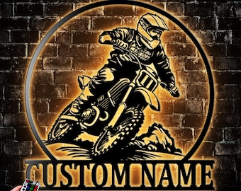 Personalized Bike Motocross Racing Metal Wall Art With Led Light, Racer Name Sign Decoration For Living Room, Motocross Outdoor Home Decor