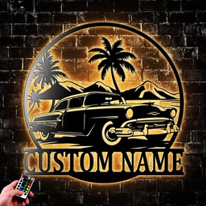 Personalized Classic Car Antique Metal Wall Art With Led Light Vintage Car Name Metal Wall Decoration Birthday Xmas Gift