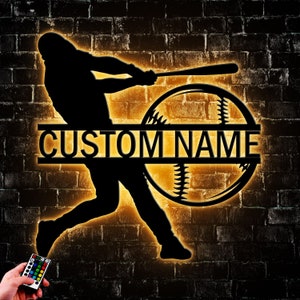 Custom Baseball Metal Wall Art Led Light, Personalized Baseball Player Name Sign Home Decor, Gift For Kid, Game Room Decor, Wall Hanger