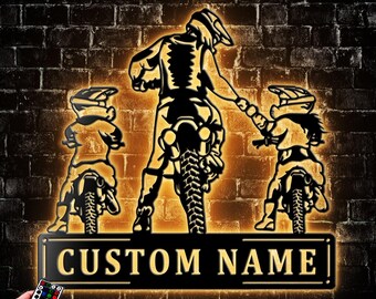 Personalized Motorcross Rider Father Daughter And Son Metal Wall Art Decor With Led Lights, Motorcycle Name Sign Decoration, Motocross Decor