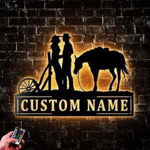 Personalized Cowboy Cowgirl Couple Metal Wall Art LED Light Family Name Sign Home Decor Horse Farmhouse Barn Nursery Decoration Xmas