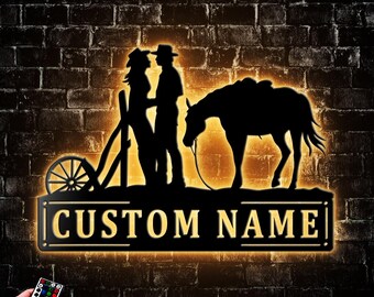 Personalized Cowboy Cowgirl Couple Metal Wall Art LED Light Family Name Sign Home Decor Horse Farmhouse Barn Nursery Decoration Xmas