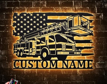 Custom US Engine Fire Truck Metal Wall Art With Led Lights, Driver Truck Name Metal Home Decor, Truck Metal Sign