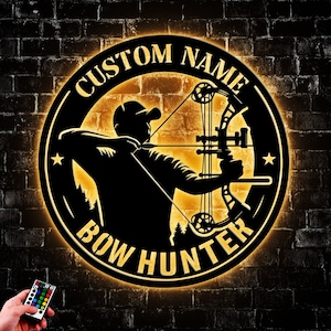 Custom Compound Bow Hunter Metal Wall Art Led Light, Personalized Bow Hunting Name Sign Home Decor, Bow Arrow Gifts For Man Circle