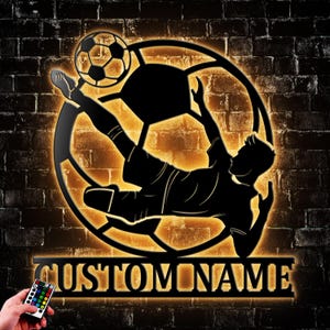 Personalized Man Soccer Metal Wall Art LED Light, Football Player Name Sign Home Décor,  Kid Boy Girl Nursery Decoration