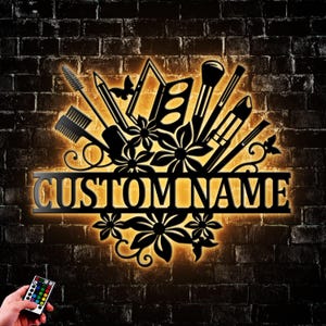 Personalized Artist Makeup Tool Metal Wall Art LED Light Beauty Cosmetics Name Sign Home Decor Make Up Decoration Christmas Birthday