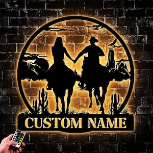 Custom Couple Metal Wall Art LED Light, Personalized Cowboy And Cowgirl Couple Name Sign Home Decor, Anniversary Gift Wall Decoration Circle