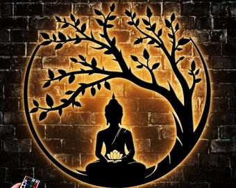 Tree of Life and Buddha Metal Wall Decor Led Light, Large Buddha Wall Art for Home, Tree of Life Wall Art, Black Buddha Decor For Yoga Room