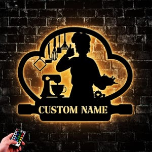 Custom Baking Metal Wall Art LED Light, Personalized Baker Name Sign Home Decor, Baking Art, Kitchen Decor Gift Circle Artwork
