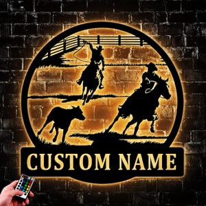 Personalized Team Roper Metal Wall Art with LED Lights: Cowboy Home Decor