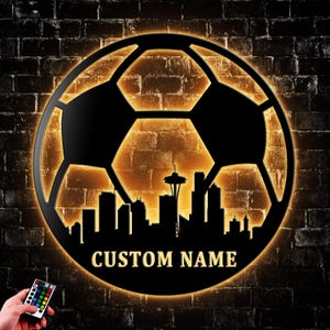 Personalized Seattle Skyline Soccer Metal Wall Art With Led Light, Soccer Player Name Sign Decoration, Nursery Decoration Gift