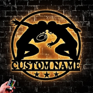 Custom Gridiron Football Metal Wall Art LED Light, Personalized American Football Player Name Sign Home Decor, Decoration Hanging Circle