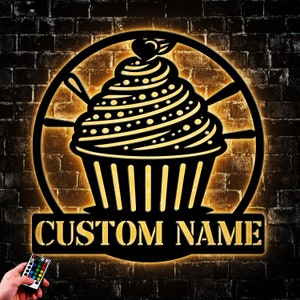 Custom Cupcake Metal Wall Art Led Light, Personalized Cupcake Bakery Name Sign Home Decor, Gift For Baker, Bakery Kitchen Wall Hanging Decor
