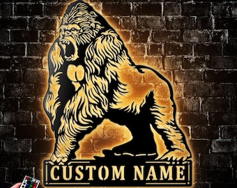 Personalized Angry Gorilla Metal Wall Decor With Led Lights Gorilla Name Decoration Hanging for Home Animal Outdoor Home Decor Animal Gift