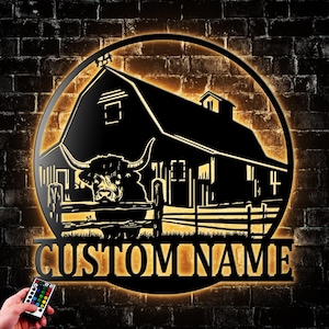 Personalized Highland Cattle Cow Wall Art With LED Lights Barn Farm House Name Sign Decoration For Home Housewarming Xmas Gifts