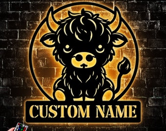 Custom Highland Cow Metal Wall Art with LED Lights