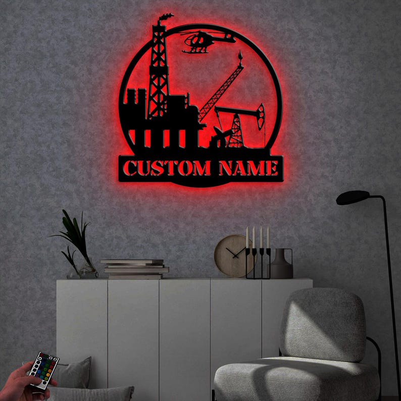 Custom US Flag Oil Rig Metal Wall Art LED Light, Personalized Oil Field ...
