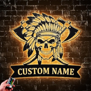 Personalized American Native Skull Metal Wall Art LED Light Indian Name Sign Decoration Hanging for Home, American Native Gifts