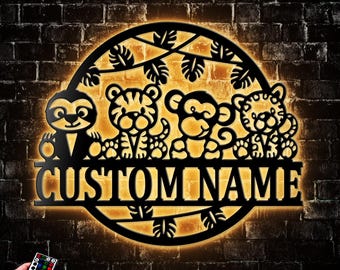 Personalized Cute Jungle Metal Wall Decor With Led Light Jungle Name Decoration Hanging for Home Animal Outdoor Home Decor Animal Gift