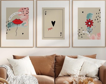 3er-Set moderne abstrakte Wandkunst, digitale Drucke für Hausbürodekor, Lippen, Herz, Blumenillustration, zeitgenössische minimalistische Kunstdrucke