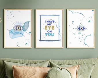 Evil Eye Art Prints, modernes Boho-Dekor, spirituelles, modernes Wohndekor, Evil Eye Art Set für positive Energie, Blue Eye Wall Prints