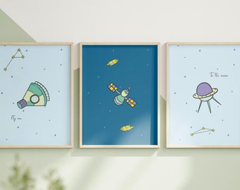 Set von 3 Weltraum Poster, Weltraum Kinderzimmer Dekor, Galaxie Thema Druck, Jungen Schlafzimmer Wandkunst, Astronaut und Planeten Kunst, druckbare Weltraum Poster