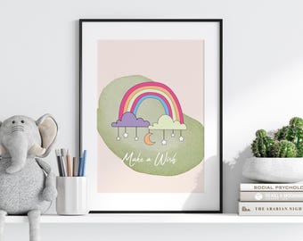 Regenbogen Kinderzimmer Wand, machen einen Wunsch Zitat, Kinderzimmer Dekor, Pastell druckbare Kunst, Babyzimmer Dekor, Wolke und Sterne Druck, inspirierende Wandkunst