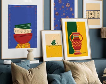Set mit 5 afrikanischen Vibe-Wandkunstdrucken, buntes Dekor, Stammesmusterdruck, Boho-Inneneinrichtung, ethnisch inspirierte Drucke, moderne afrikanische Kunst