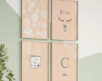 4er Set personalisierte Kinderzimmer Wandkunst, inspirierende Blumendrucke, Kinderzimmer Kunst, benutzerdefinierter Name sofortige Kunst, BeYou-Zitat, Druckkunst für Mädchen