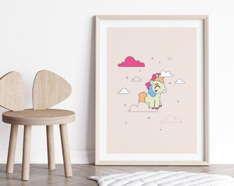 Einhorn auf Wolken Wandbild, Einhorn Bild, Kinderzimmer Dekor, Kinderzimmer Dekor, Verträumtes Einhorn Bild, Mädchenzimmer Dekor, Wolken Zeichnung, InstantPrint