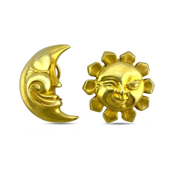 14K Yellow Gold Sun and Moon Sculpted earrings